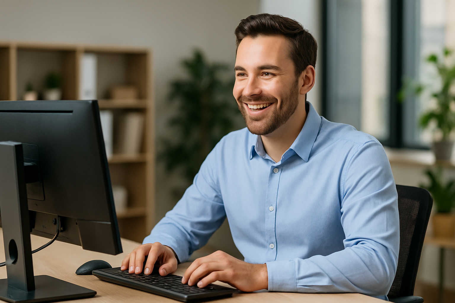 Man happily using a computer